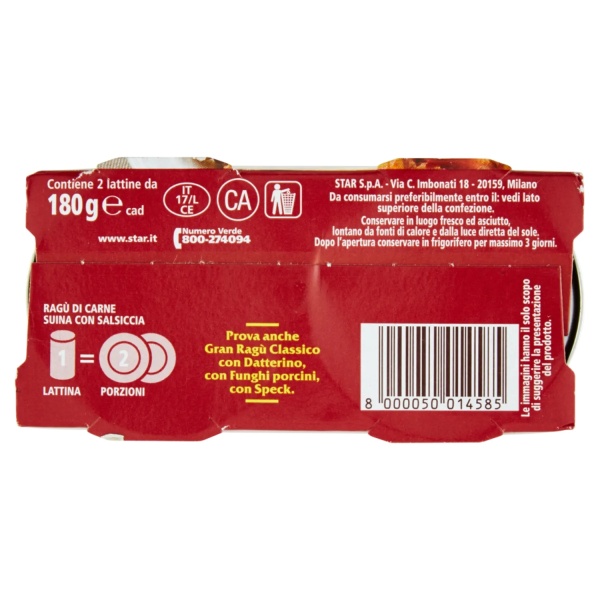 Star Gran Ragù Salsiccia Italian Meat Sausage Sauce – 2 x 180g Star Gran Ragù Salsiccia Italian Meat Sausage Sauce – 2 x 180g