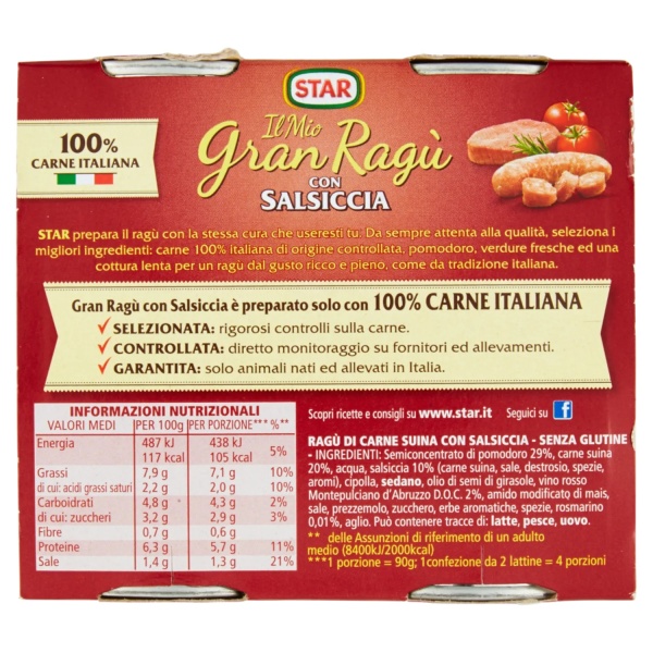 Star Gran Ragù Salsiccia Italian Meat Sausage Sauce – 2 x 180g Star Gran Ragù Salsiccia Italian Meat Sausage Sauce – 2 x 180g