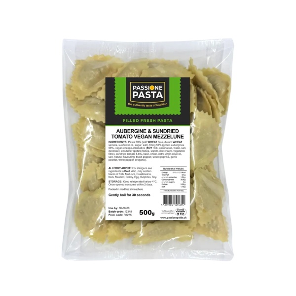 Aubergine & Sundried Tomato Vegan Mezzelune 500 g – Passione Pasta