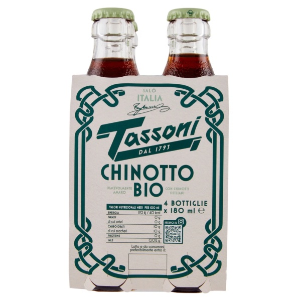 Tassoni Organic Chinotto Italian Sparkling Soft Drink, 4 x 180ml